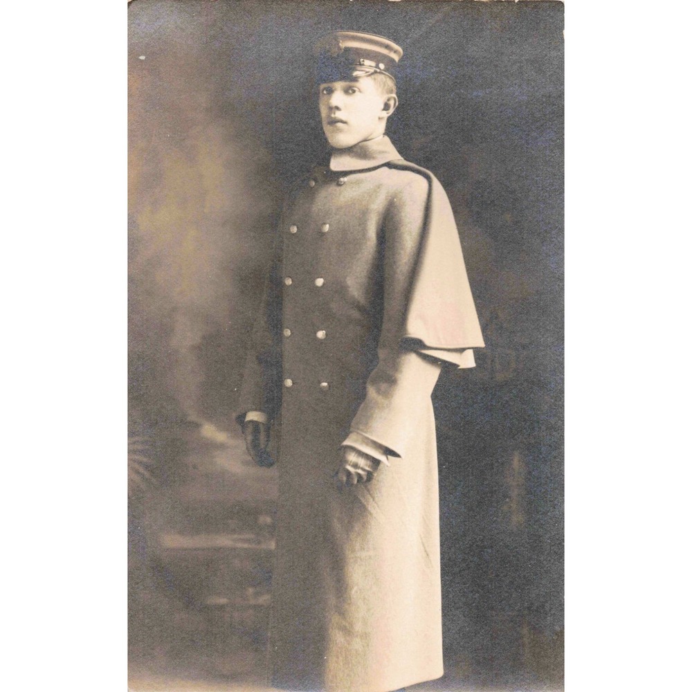Antique Real Photo Postcard Military Cadet in Cape Greatcoat Studio Portrait VG- - Picture 1 of 2